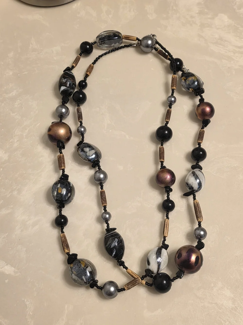 Elegant Multi-Strand Beaded Necklace in Black, Gray, Brown and Gold Tones